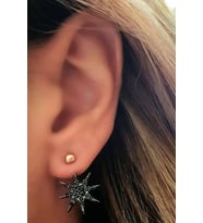 Kutup yıldızı figürlü oniks taşlı gümüş rose earcuff cift küpe