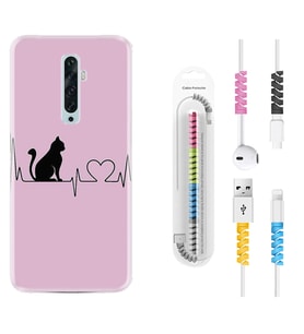 Oppo Reno 2Z 4 Lite 4 Pro 5 6 7 A31 Kılıf Kablo Koruma Spiral Silikon Pink Cat Heart 1303