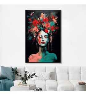 Yağlı Boya Dokulu Tablo Modern Çiçek Saçlı Kadın Siyah Çerçeveli U05012