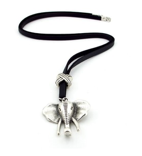 FİL ELEPHANT METAL MADALYON ORJİNAL SİYAH DERİ ERKEK KOLYE Q0653