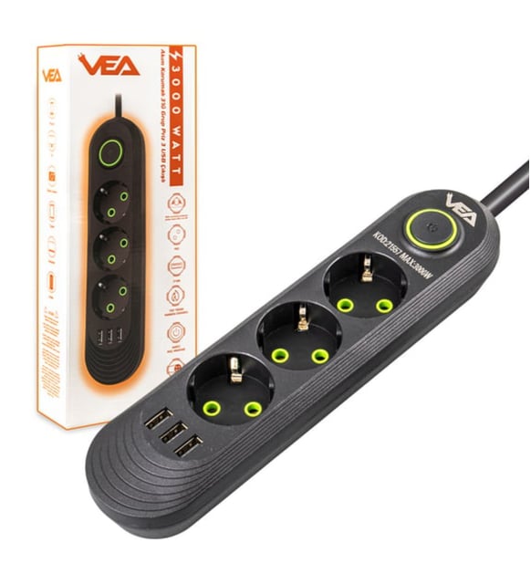 Vea Va-21557 3lü 1.5 Metre Kablolu 3 Usbli Siyah Akım Korumalı Priz