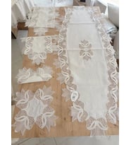 Salon Takımı Çeyizlik Kreme Krem Runner Set 5 Parça Keten Ranır Masa Konsol Sehpa Örtüsü Kayla