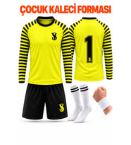 Çocuk Kaleci Forması Takımı Neon Yeşil Şortlu Takım Uzun Kol 4 Parça Forma+Şort+Çorap+Bileklik