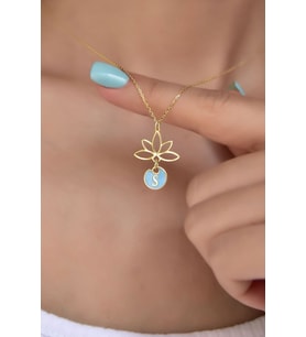 925 Ayar Gümüş Mavi Mineli S Harf Lotus Çiçeği Kolye