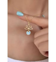 925 Ayar Gümüş Mavi Mineli S Harf Lotus Çiçeği Kolye