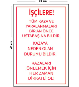 Metal İşçi Uyarı Levhası 30 cm x 40 cm A3 Büyüklüğünde Uyarı Levhası Yönlendirme Tabelası