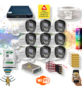 9 Kameralı Set - Gece Renkli Gösteren Hareket Algılayan 5MP SONY Lensli 4 Ultra Warm Ledli FULLHD Güvenlik Kamerası Seti 2304W-9016