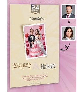 Karikatürlü Kişiye Özel Düğün Nişan Kına Davetiyesi 50 Adet Beyaz Zarflı 7009
