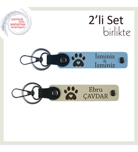 Sevgililer Günü İçin Hayvansever Çifte Uygun Kalpli Pati Deri Anahtarlık Takımı, Gök Mavi-S Kahve