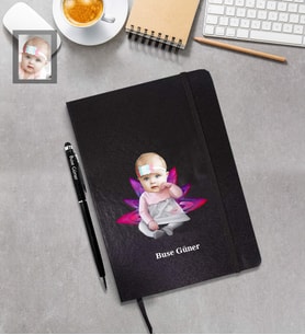 Kişiye Özel Kız Bebek  Karikatürlü Siyah Defter Kalem Hediye Seti Model-3