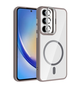 Samsung Galaxy A55 Uyumlu Kılıf Standlı ve Kamera Lens Hediyeli M-Safe Şarj Özellikli Zore Etro Kapak (Gri)