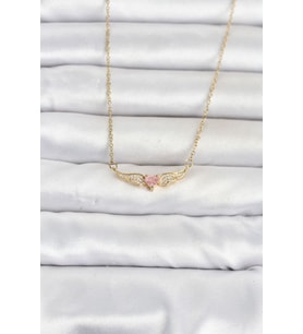 316L Çelik Zincir Gold Renk Kanatlı Pembe Kalp Model Kadın Kolye TJ-BKO11074