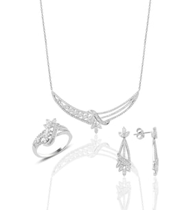 Söğütlü Silver Gümüş rodyumlu  pırlanta modeli beyaz altın görünümlü kolye küpe ve yüzük seti