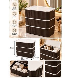 3 Katlı Kapaklı Düzenleyici Kutu Kahverengi 25x15x25 cm İstiflenebilir Çok Amaçlı Saklama Organizeri