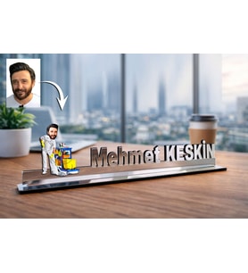 Kişiye Özel Temizlik Şirketi Karikatürlü 30 cm Ayna Pleksi Masaüstü İsimlik - Ofis Hediyesi
