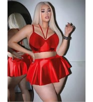 Amora Secret Büyük Beden Kırmızı Deri Görünümlü Etekli Fantezi Takım