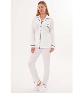 Mecit 6307 Ekru Boydan Düğmeli Kadın Pijama Takımı
