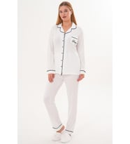 Mecit 6307 Ekru Boydan Düğmeli Kadın Pijama Takımı