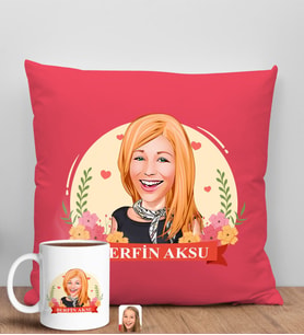 BK Gift Kişiye Özel Karikatürlü Anneler Günü Tasarımlı Kırmızı Kırlent Yastık ve Kupa Seti, Anneye Hediye, Ev Dekorasyonu, Anneler Günü Hediyesi-5