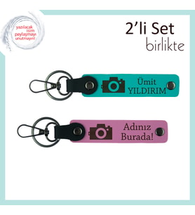 Objektif Aşıklarına, Kamera Temalı 2’li Kişiselleştirilebilir Anahtarlık Takımı, Koyu Turkuaz-Pembe