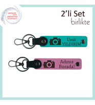 Objektif Aşıklarına, Kamera Temalı 2’li Kişiselleştirilebilir Anahtarlık Takımı, Koyu Turkuaz-Pembe