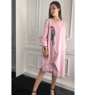 Kadın Pembe Viskon Pamuk Kolları Pileli Elbise