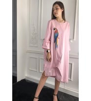 Kadın Pembe Viskon Pamuk Kolları Pileli Elbise
