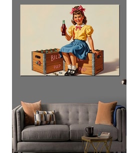 Kola İçen Retro Kız Çocuklu Afiş Dekoratif Kanvas - Mdf Ahşap Tablo