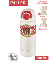 DILLER 600 ML Tek Kapak Çift Kullanım Pipetli/Pipetsiz Taşıma Kulplu Vacum Cup/Çelik Termos -FFDILLERD9238 (Karışık)