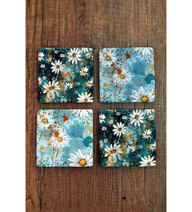 Doğal Taş Bardak Altlığı Papatya Desen Baskılı 10x10cm Stone Coasters 4'lü Set