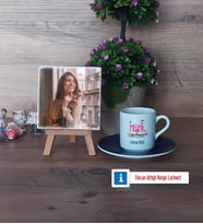 Müzik Öğretmeni Fotoğraflı Dekoratif Taş, Ahşap Altlıklı Türk Kahvesi Fincanı Hediye (Model 4)