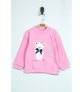 Toontoy Kız Bebek Ayıcık Nakışlı İnce Penye Tişört (Pembe)
