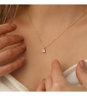 925 Ayar Gümüş Pembe Damla Taşlı Kolye (Gold)