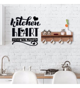 BK Home Doğal Ahşap Raflı Dekoratif Fincan Askılığı ve İsme Özel Mutfak Duvar Süsü-6 (Siyah)