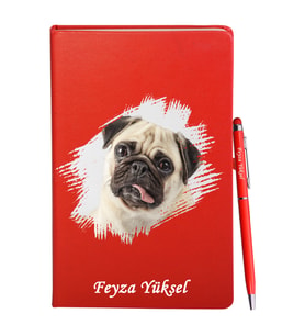 Kişiye Özel Köpek Tasarımlı Kırmızı Defter Kalem Hediye Seti