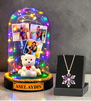 Sizlere Özel Renkli Led Işıklı Fanus ve Gerçek Ametist Taşlı Lotus Kolye (Model 4)