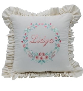 İsimli  Rococo Laruel Desenli Takı Yastığı Pudra  işlemeli Ekru 40x40 cm (Ekru)
