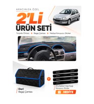 RENAULT CLİO 2 EKRANLI (1998-2001) Uyumlu Torpido Örtüsü + Deri Bagaj Çantası + Sticker Seti - Siyah Mavi