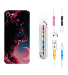 Apple iPhone 5 6 7 8 Plus Se XR Kılıf Kablo Koruma Spiral Silikon Wolf and Moon 1380