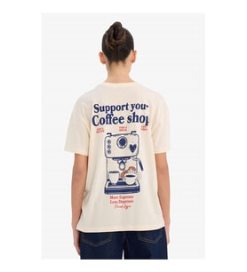 Defacto Overshırt Fıt Sırt Baskılı Ekru Kadın T-Shirt G2437AX/ER103