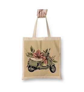 Flower Vespa Beyaz Bez Çanta Uzun Saplı Alışveriş Çantası Plaj Çantası