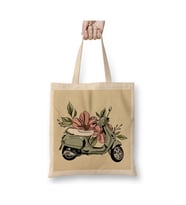 Flower Vespa Beyaz Bez Çanta Uzun Saplı Alışveriş Çantası Plaj Çantası