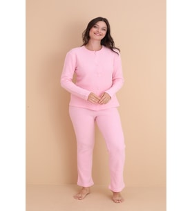 Mirano 8451 Boydan Düğmeli Yumuşacık Kumaşlı Kışlık Kadın Pijama Takımı (Pembe)
