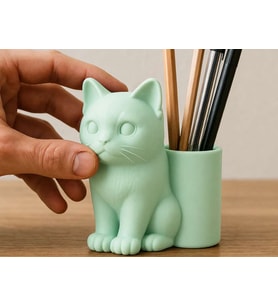 3D Baskı Kedi Figürlü Kalemlik - Masaüstü Organizer - Mint