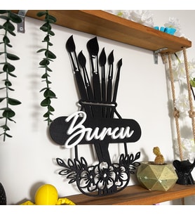 Kişiye Özel Kabartma İsimli Ressam - Boya - Palet - Fırça Temalı Tablo (Siyah Beyaz)
