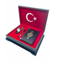 Ay Yıldız Ahşap Sandıklı Kuran-ı Kerim Seti-Kuran-Kelem-Saat