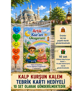 Kur'an Okuyorum Hediyesi 10 Set Kur'an Kursu-Hatim Töreni Hatırası Kalp Kurşun Kalem Tebrik Kartı Hediyeli