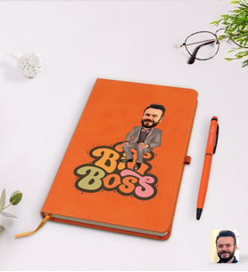 BK Gift Kişiye Özel Erkek Big Boss Karikatürlü Turuncu Termo Deri Defter Kalem Seti Model 3