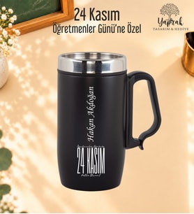 Öğretmenler Günü Hediyesi Kişiye Özel Harf Ve İsim Basklı Kulplu Çelik Siyah Termos Bardak 280 ml