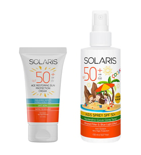 Solaris Tüm Ciltler İçin Yaşlanma Karşıtı Güneş Kremi SPF 50+ (50 ml) Ve Çocuk Güneş Kremi Sprey SPF 50+